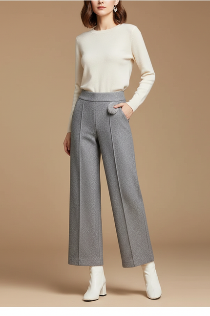 Pantalon Gris Laine Large Taille Haute Élégant Femme