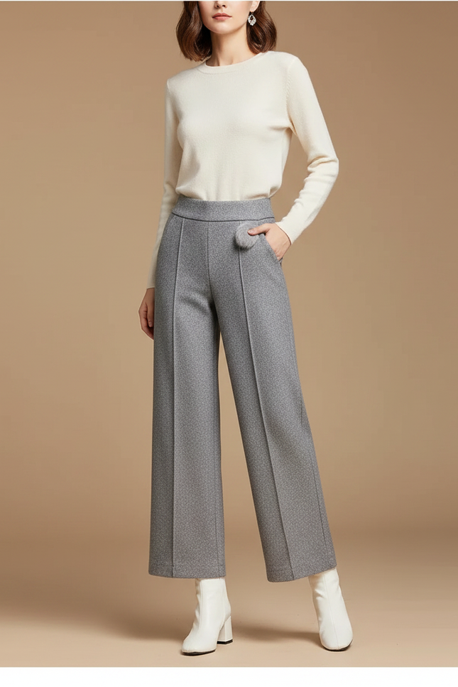 Pantalon Gris Laine Large Taille Haute Élégant Femme