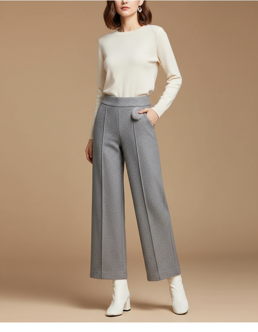 Pantalon Gris Laine Large Taille Haute Élégant Femme