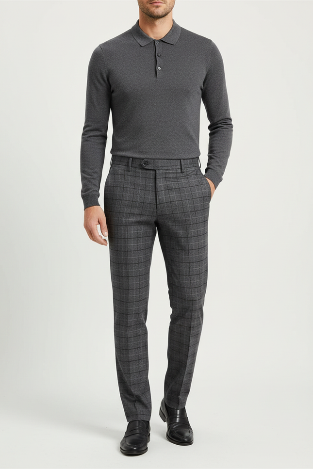 Pantalon Gris Carreaux Classique Droit Homme - Laine