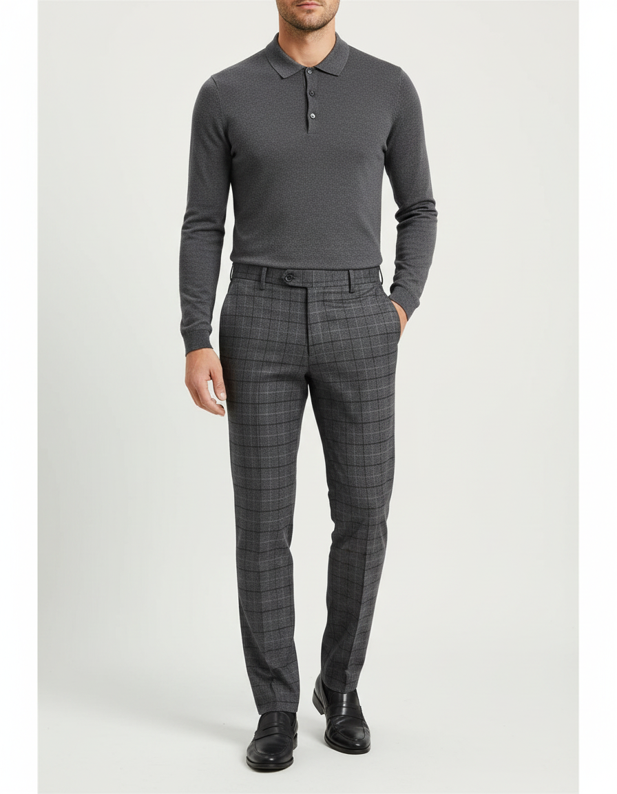 Pantalon Gris Carreaux Classique Droit Homme - Laine
