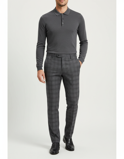 Pantalon Gris Carreaux Classique Droit Homme - Laine