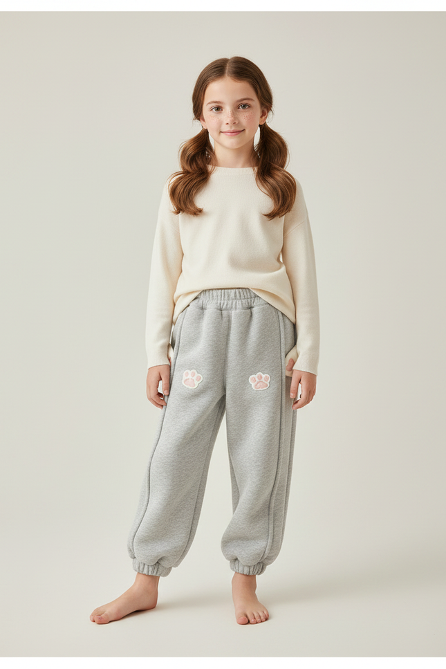 Pantalon Gris Molletonné Ample Décontracté Patte Chat