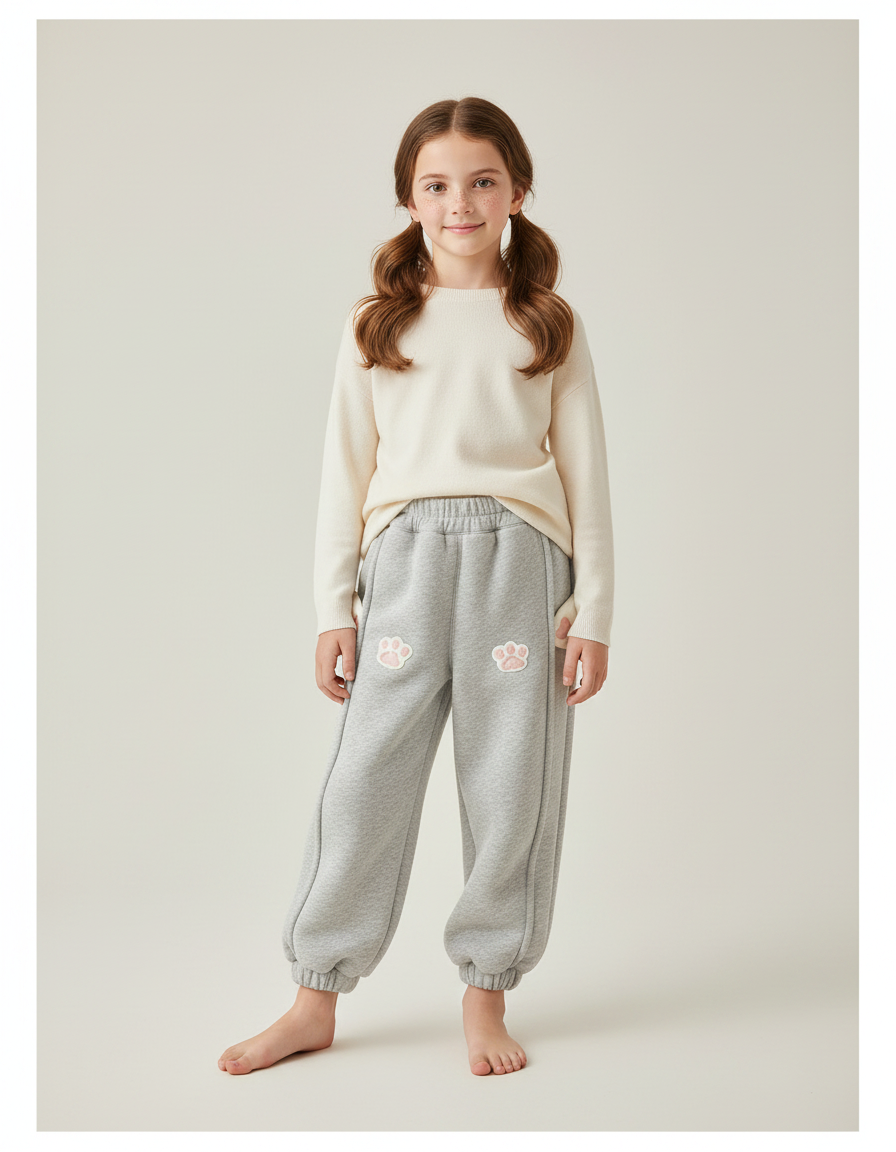Pantalon Gris Molletonné Ample Décontracté Patte Chat