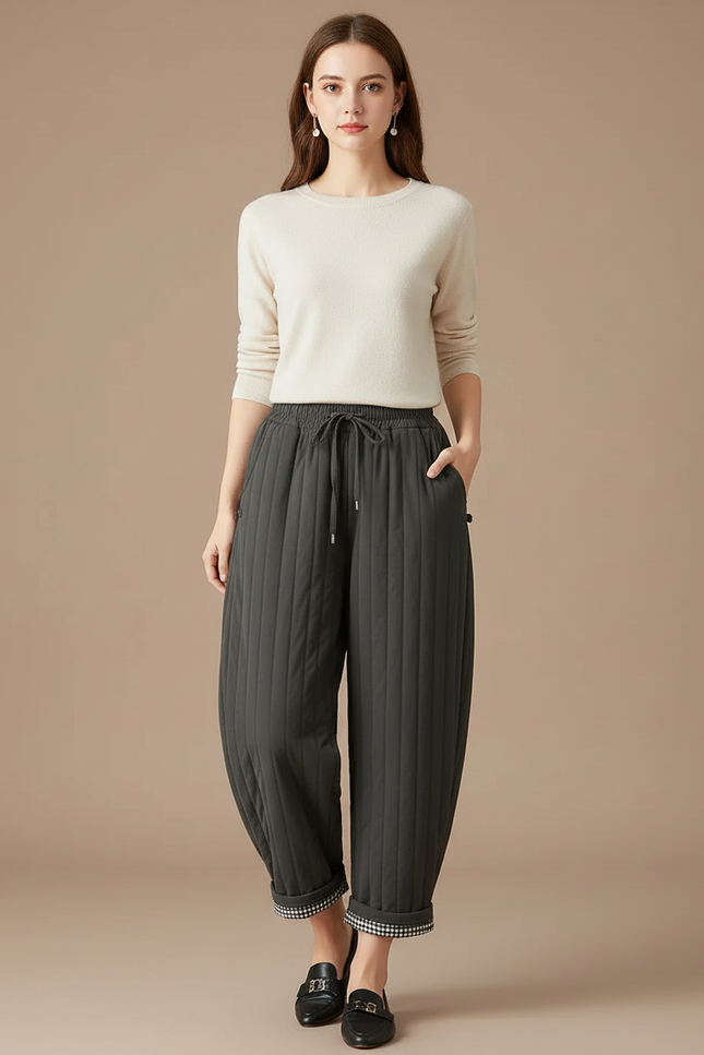 Pantalon Gris Matelassé Ample Chaud Décontracté Femme - Polyester