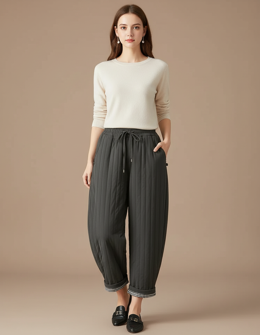 Pantalon Gris Matelassé Ample Chaud Décontracté Femme - Polyester