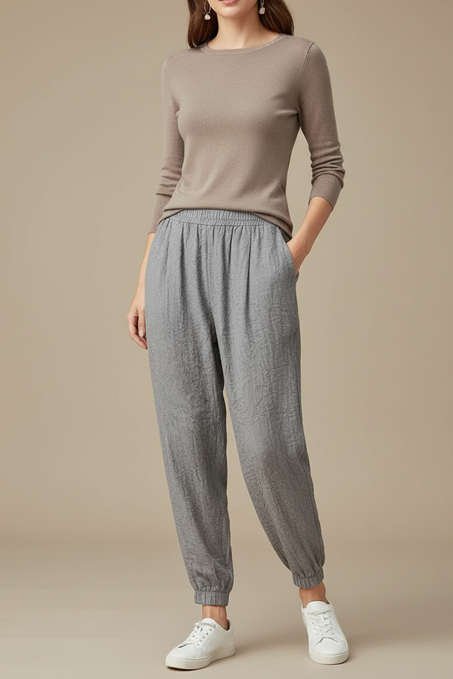 Pantalon Gris Fluide Confortable Coton Lin Froissé