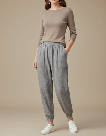 Pantalon Gris Fluide Confortable Coton Lin Froissé