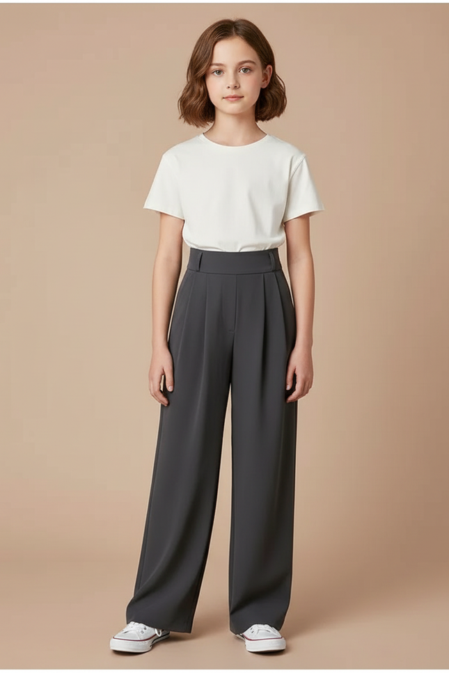 Pantalon Gris Plissé Ample Chic Taille Haute - Polyester
