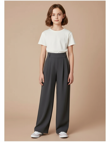 Pantalon Gris Plissé Ample Chic Taille Haute - Polyester