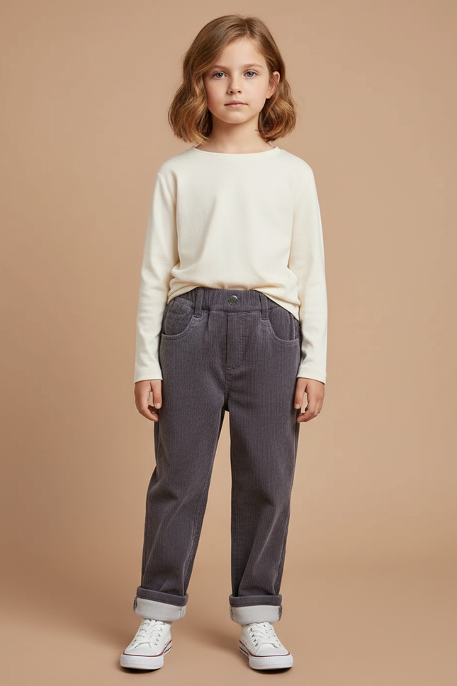 Pantalon Gris Côtelé Enfant Décontracté Confortable - Cordé