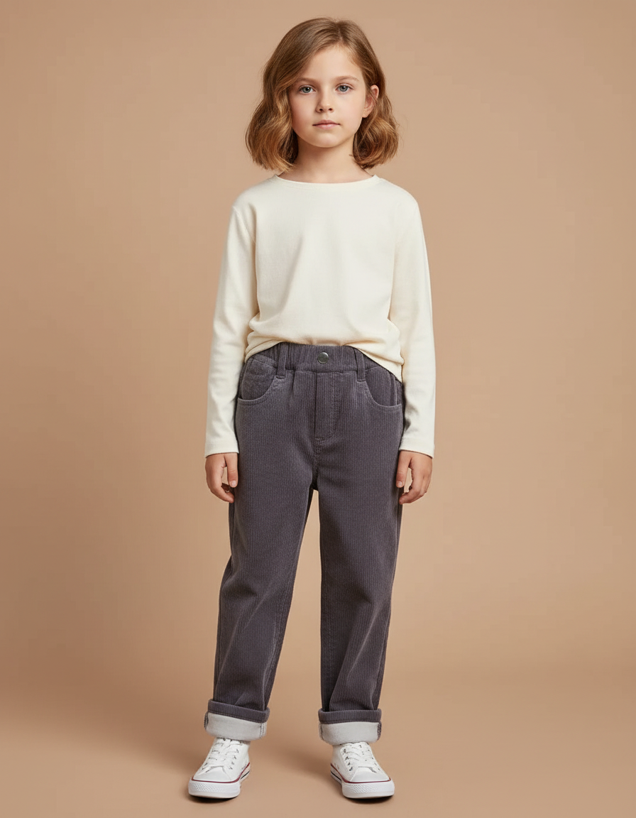 Pantalon Gris Côtelé Enfant Décontracté Confortable - Cordé