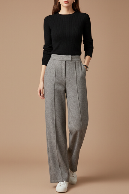 Pantalon Gris Droit Taille Haute Habillé Texturé - Tweed
