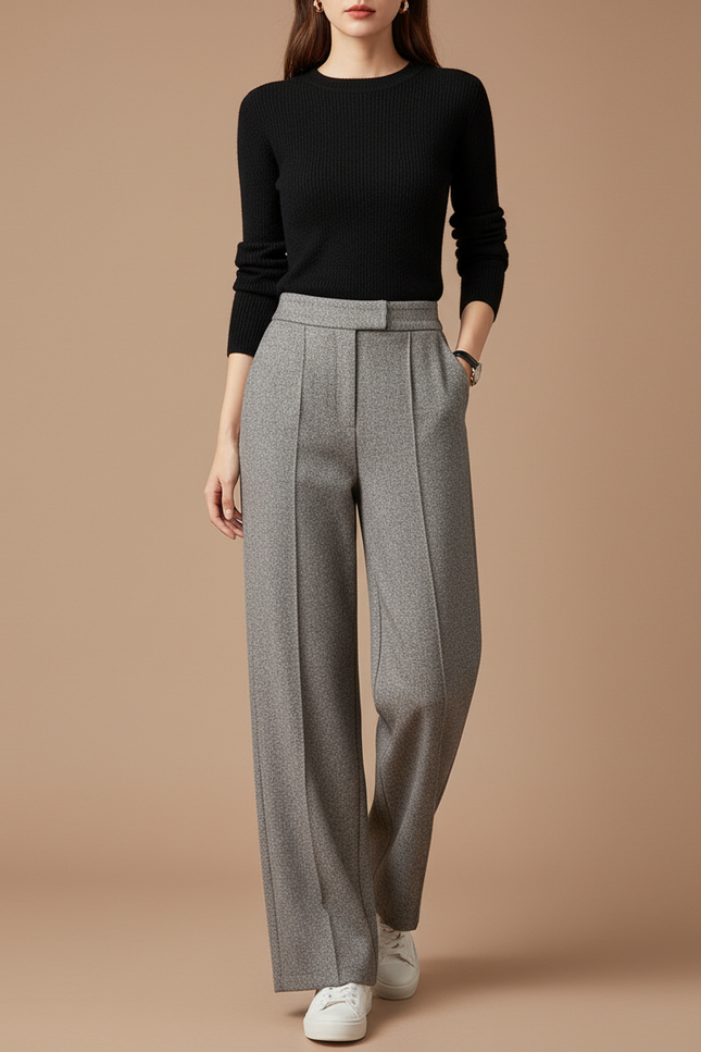 Pantalon Gris Droit Taille Haute Habillé Texturé - Tweed