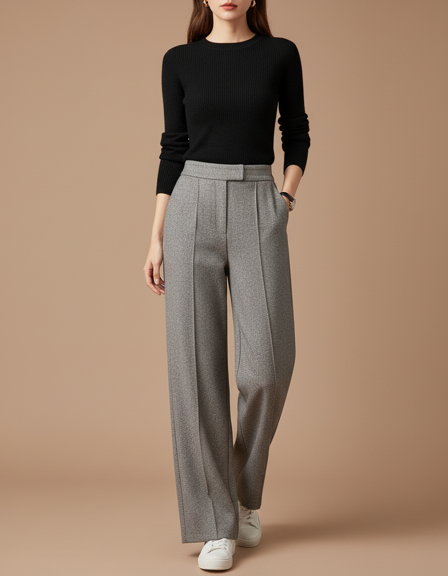 Pantalon Gris Droit Taille Haute Habillé Texturé - Tweed