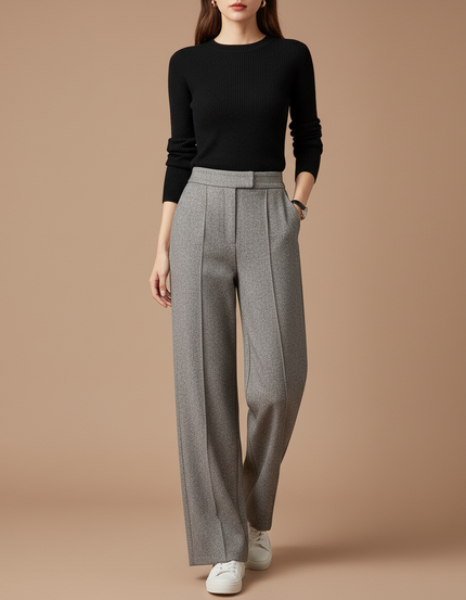 Pantalon Gris Droit Taille Haute Habillé Texturé - Tweed