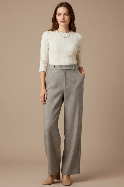 Pantalon Gris Large Taille Haute Texturé Élégant - Tweed