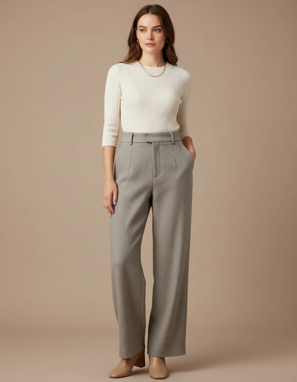 Pantalon Gris Large Taille Haute Texturé Élégant - Tweed