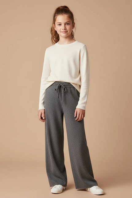 Pantalon Gris Ample Tricoté Motif Cordon Fille - Maille