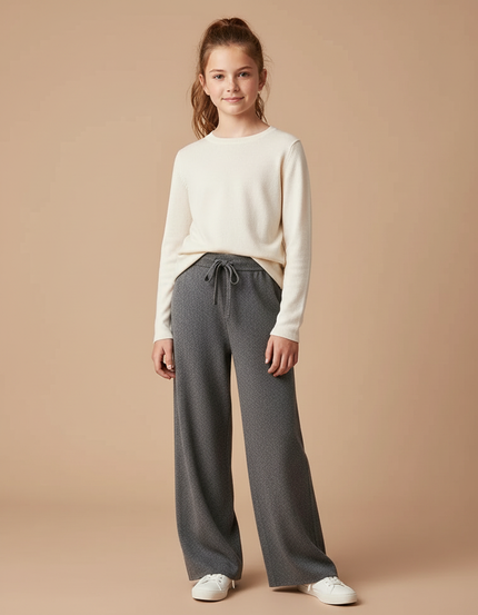 Pantalon Gris Ample Tricoté Motif Cordon Fille - Maille