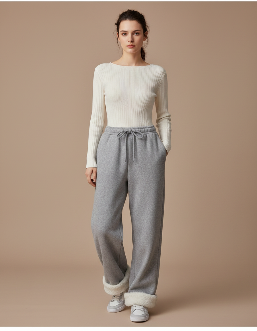 Pantalon Gris Ample Polaire Chaud Femme - Molleton