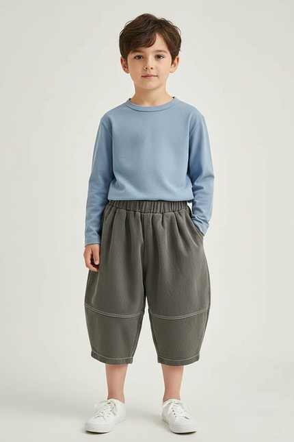 Pantalon Gris Ample Décontracté Harem Enfant Coton - Kaki Molleton