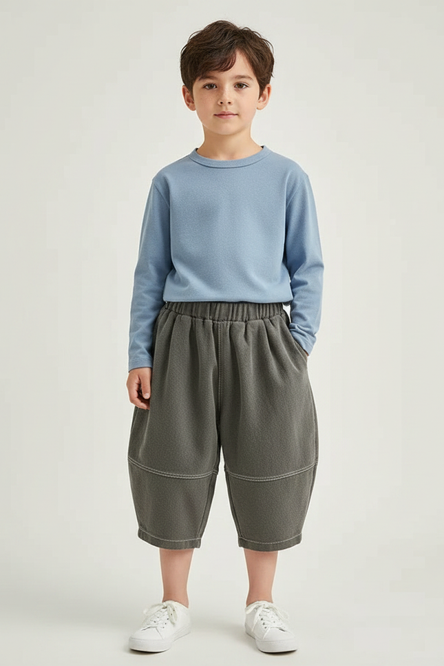 Pantalon Gris Ample Décontracté Harem Enfant Coton - Kaki Molleton