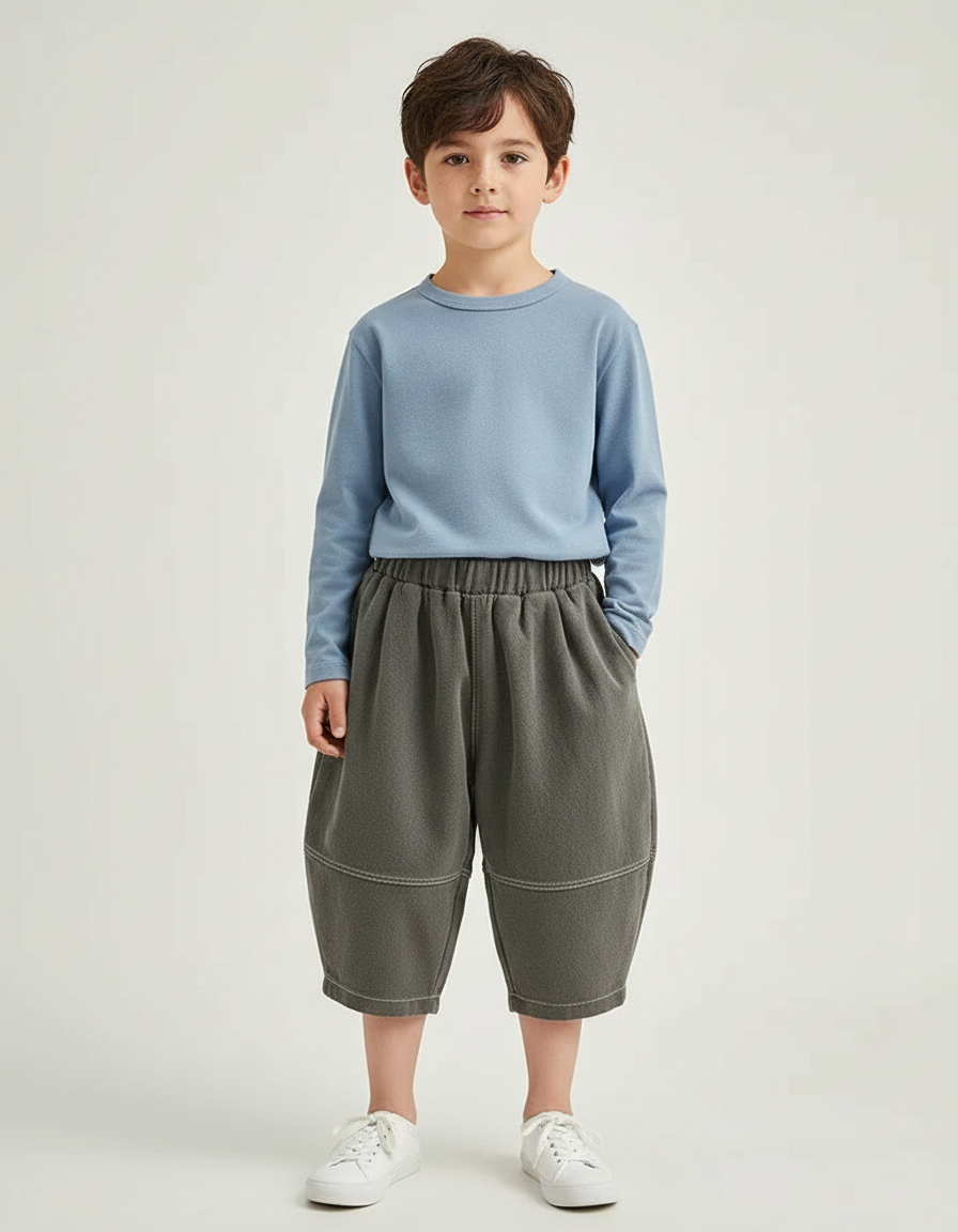 Pantalon Gris Ample Décontracté Harem Enfant Coton - Kaki Molleton