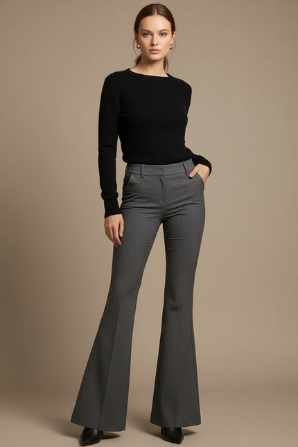 Pantalon Gris Évasé Chic Élégant Bureau Femme - Laine