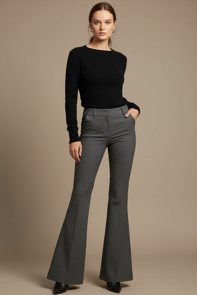 Pantalon Gris Évasé Chic Élégant Bureau Femme - Laine