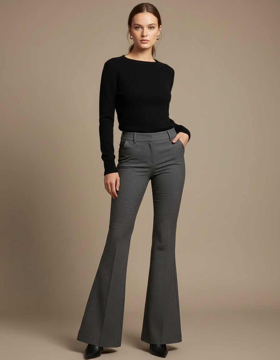 Pantalon Gris Évasé Chic Élégant Bureau Femme - Laine