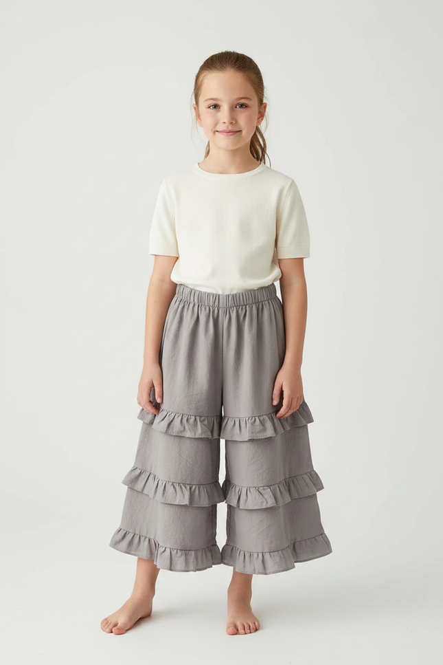 Pantalon Gris Volants Ample Confortable Fille Coton