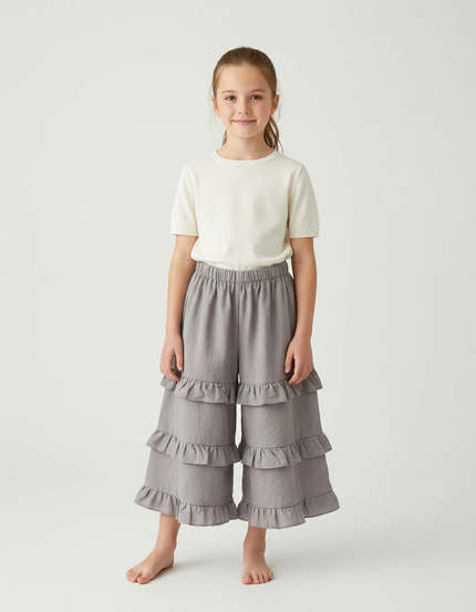 Pantalon Gris Volants Ample Confortable Fille Coton