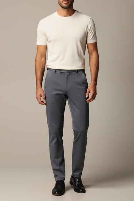 Pantalon Gris Droit Stretch Élégant Homme - Polyester