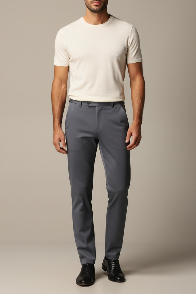 Pantalon Gris Droit Stretch Élégant Homme - Polyester