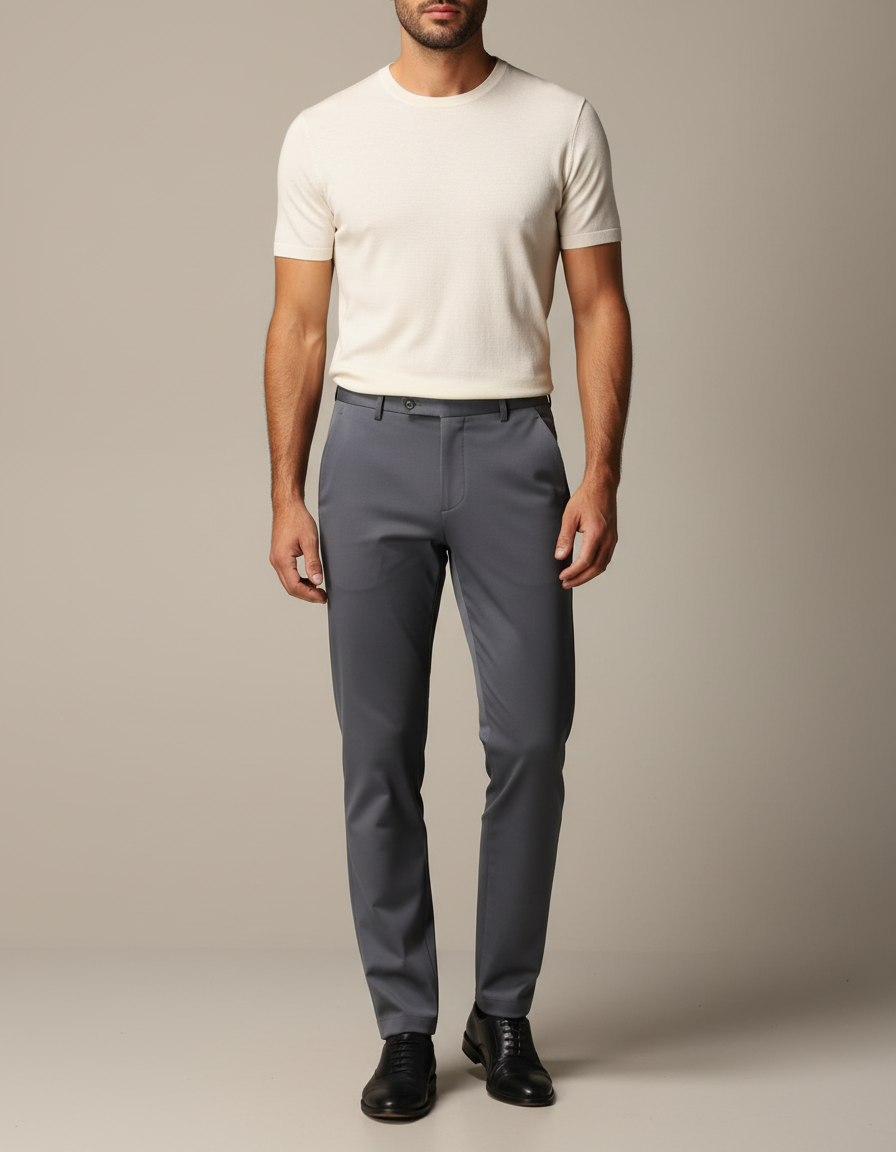 Pantalon Gris Droit Stretch Élégant Homme - Polyester