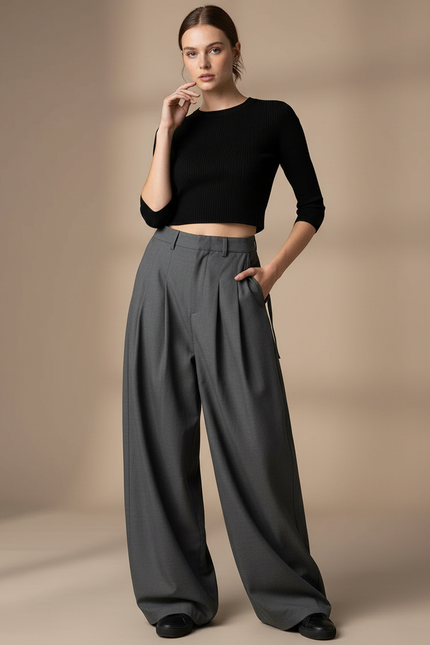 Pantalon Gris Ample Plissé Taille Haute Décontracté - Gabardine