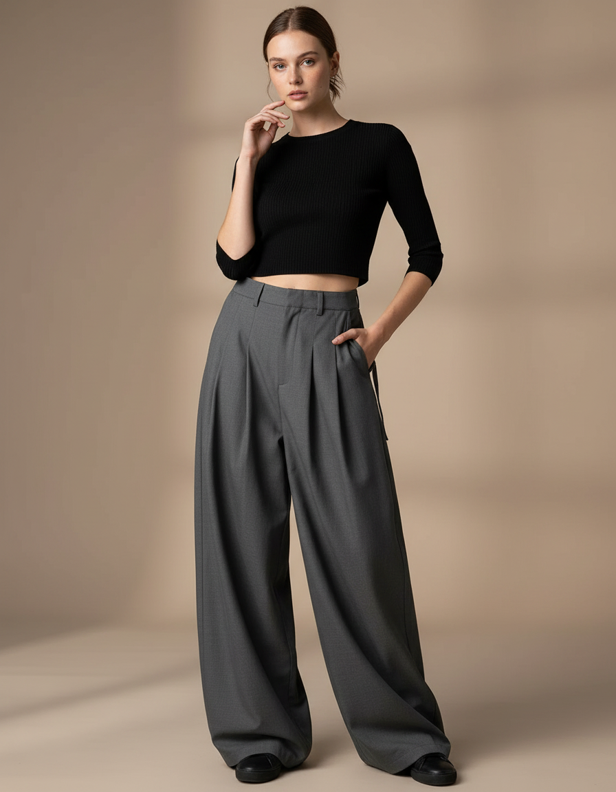 Pantalon Gris Ample Plissé Taille Haute Décontracté - Gabardine
