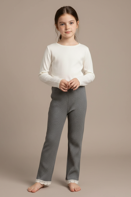 Pantalon Gris Côtelé Dentelle Enfant Fille Doux - Maille
