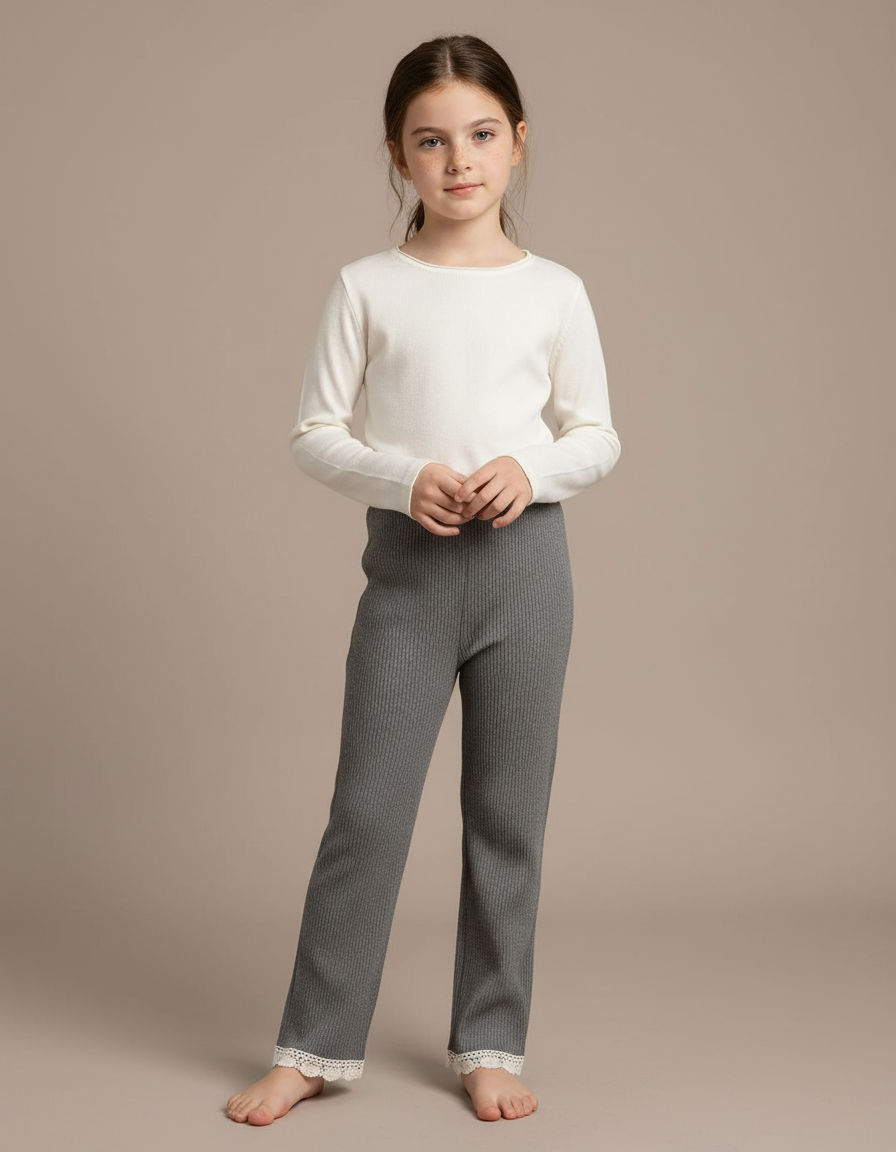 Pantalon Gris Côtelé Dentelle Enfant Fille Doux - Maille