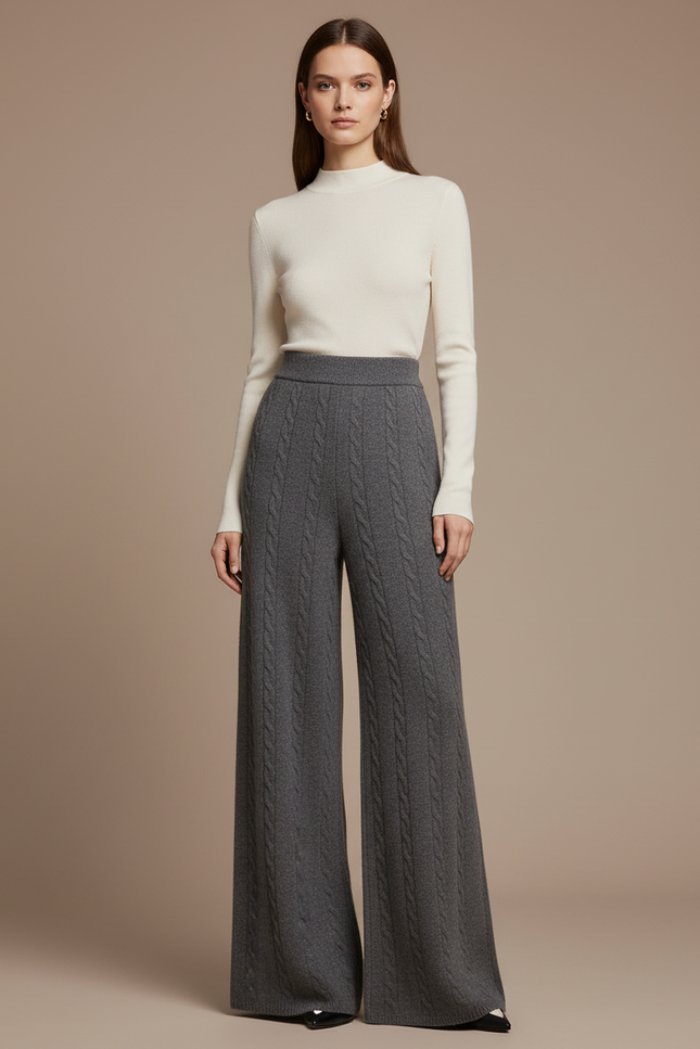 Pantalon Gris Maille Tressée Ample Laine