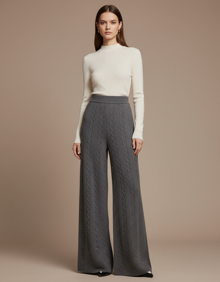 Pantalon Gris Maille Tressée Ample Laine