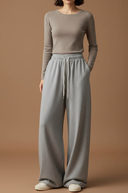 Pantalon Gris Large Décontracté Molletonné Cordon Femme