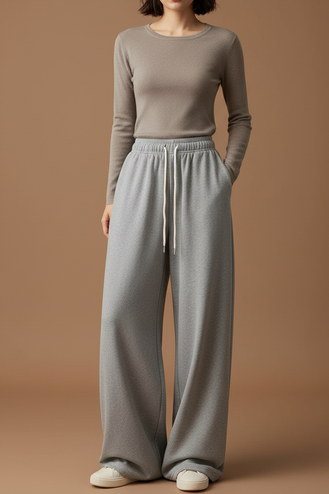 Pantalon Gris Large Décontracté Molletonné Cordon Femme