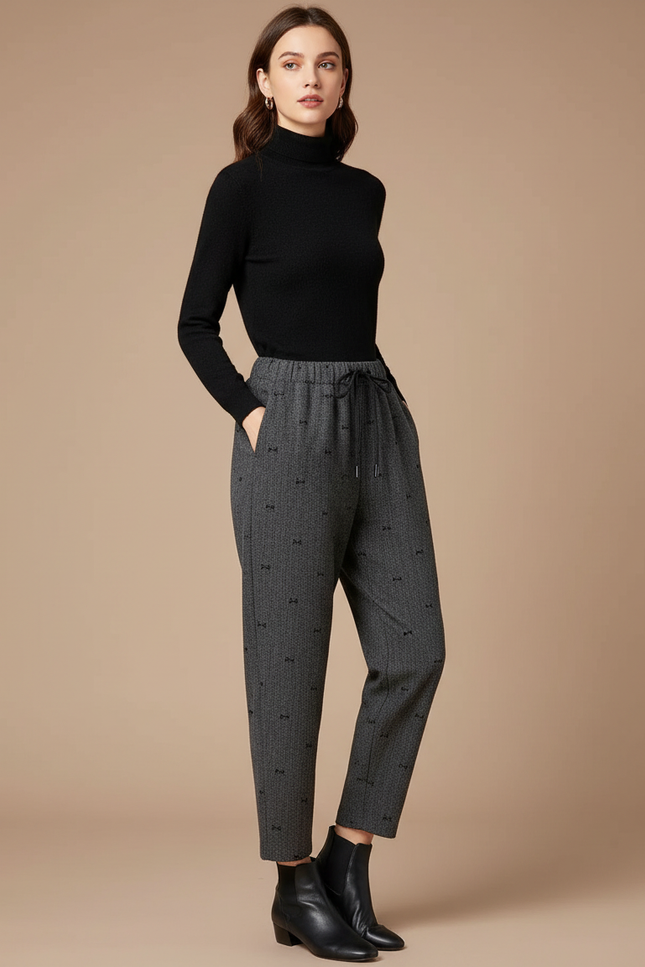 Pantalon Gris Imprimé Papillons Ample Décontracté Fluide - Laine