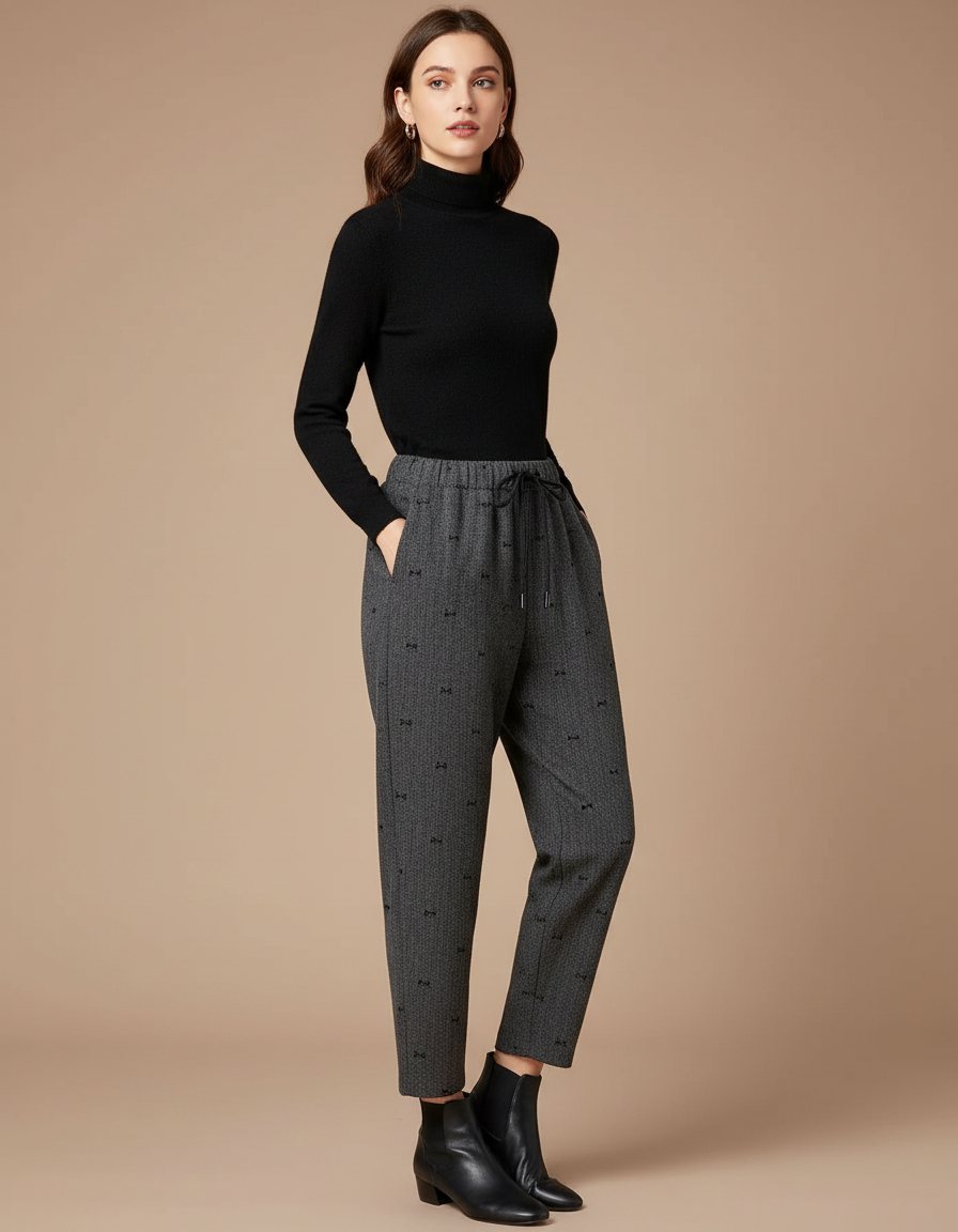 Pantalon Gris Imprimé Papillons Ample Décontracté Fluide - Laine