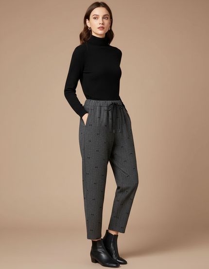 Pantalon Gris Imprimé Papillons Ample Décontracté Fluide - Laine
