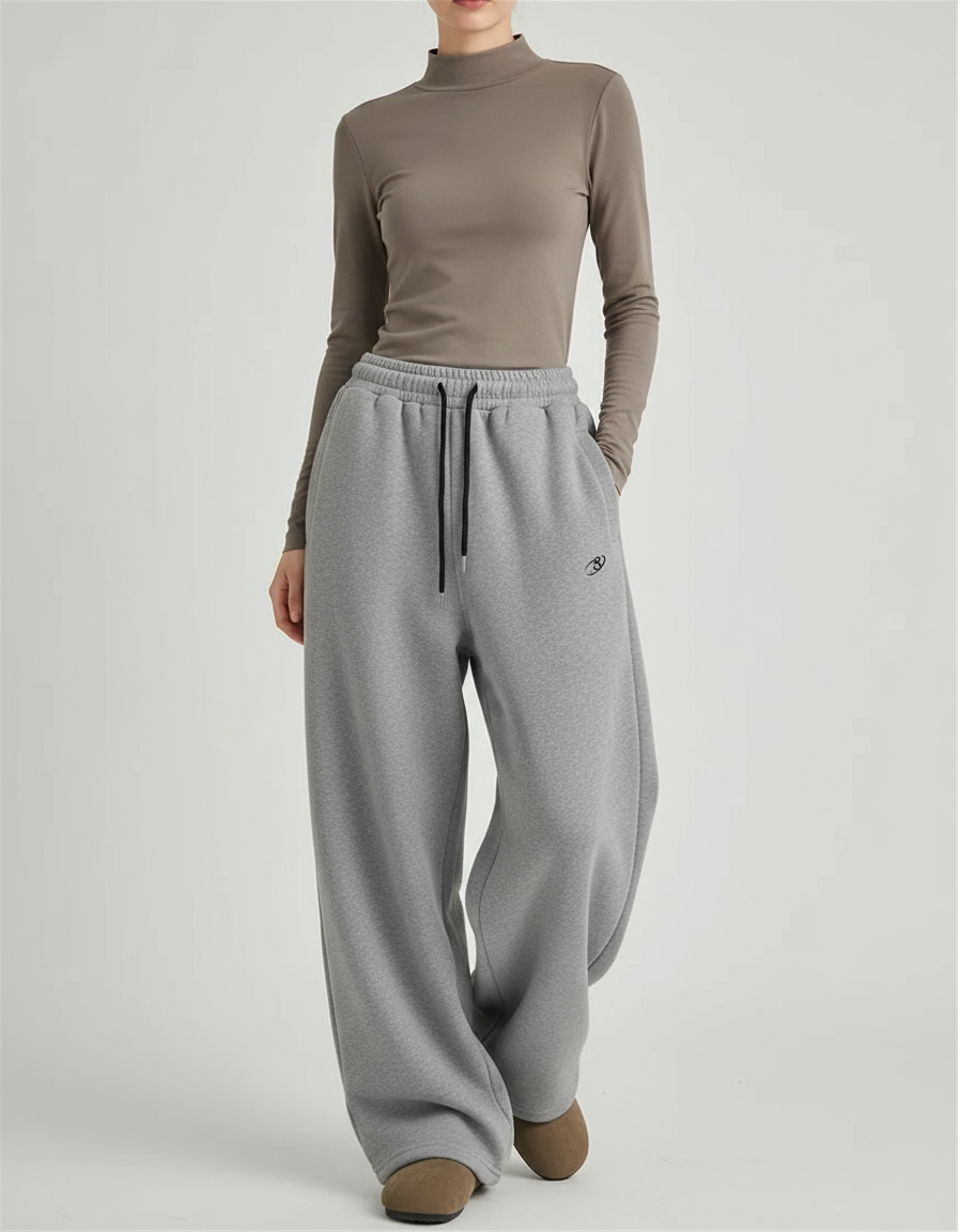 Pantalon Gris Ample Décontracté Molletonné Brodé