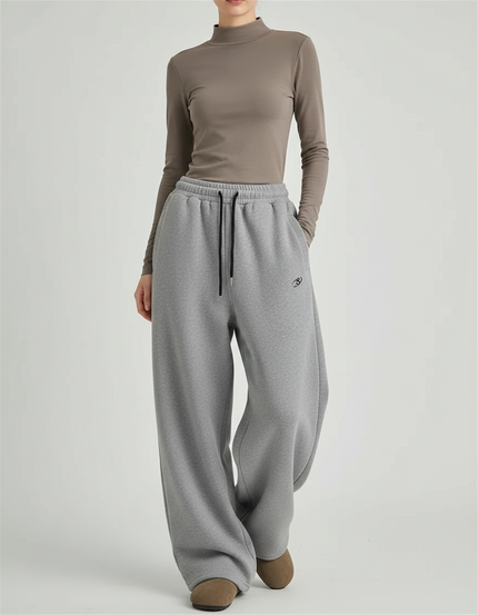 Pantalon Gris Ample Décontracté Molletonné Brodé