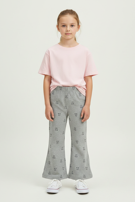 Pantalon Gris Évasé Imprimé Ours Confortable Fille - Molleton
